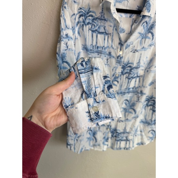 J. McLaughlin Blue Palm Flamingo Button Down M Cotton Resortwear Summer Shirt - Picture 2 of 6